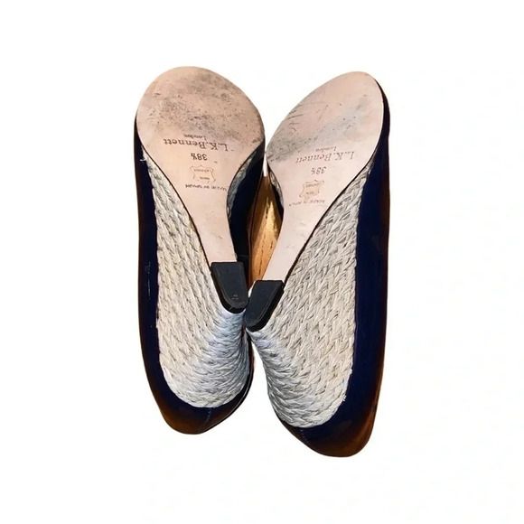 LK Bennett Navy Blue Edee Patent Leather Peep Toe Wedges Size 39.5 - Picture 4 of 7